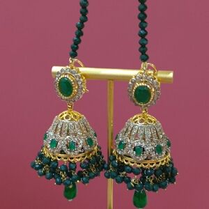Lustrous White Stones & Green Stones/ Beads Earrings With Attached String Sahary
